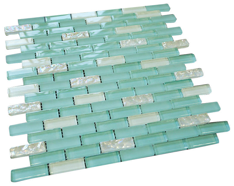 Baby Blue and White Crystal Glass Mosaic Tile Brick Pattern (Glossy&Matte) for Bathroom and Kitchen Walls and Backsplashes By Vogue Tile (Tenedos)