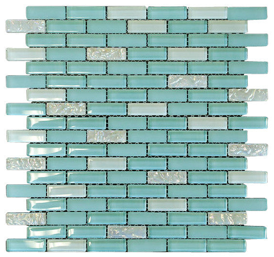 Baby Blue and White Crystal Glass Mosaic Tile Brick Pattern (Glossy&Matte) for Bathroom and Kitchen Walls and Backsplashes By Vogue Tile (Tenedos)