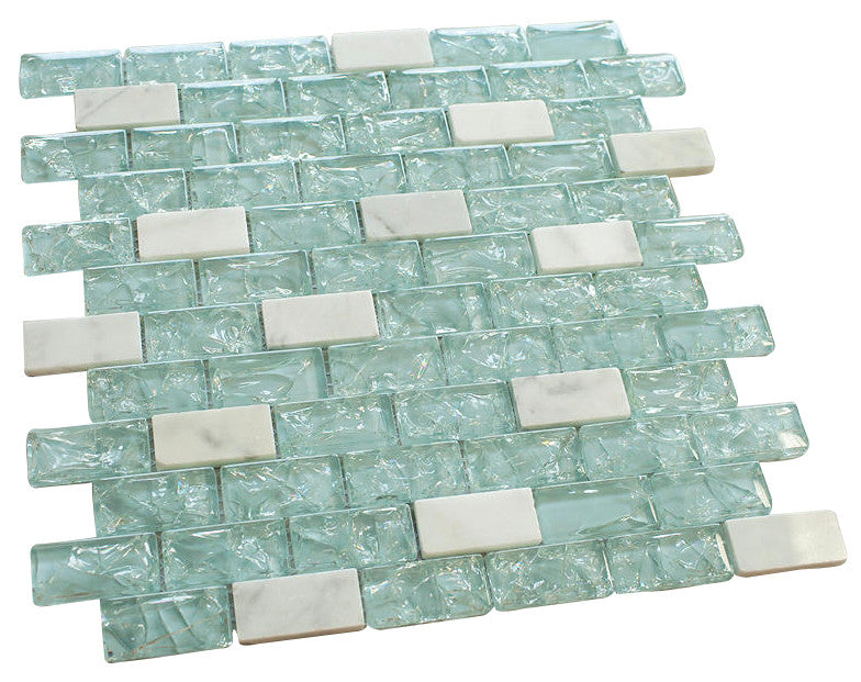 Baby Blue Crackle Glass and Bianco Marble Mosaic Tiles - Tenedos