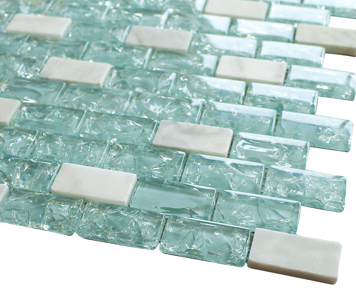 Baby Blue Crackle Glass and Bianco Marble Mosaic Tiles - Tenedos
