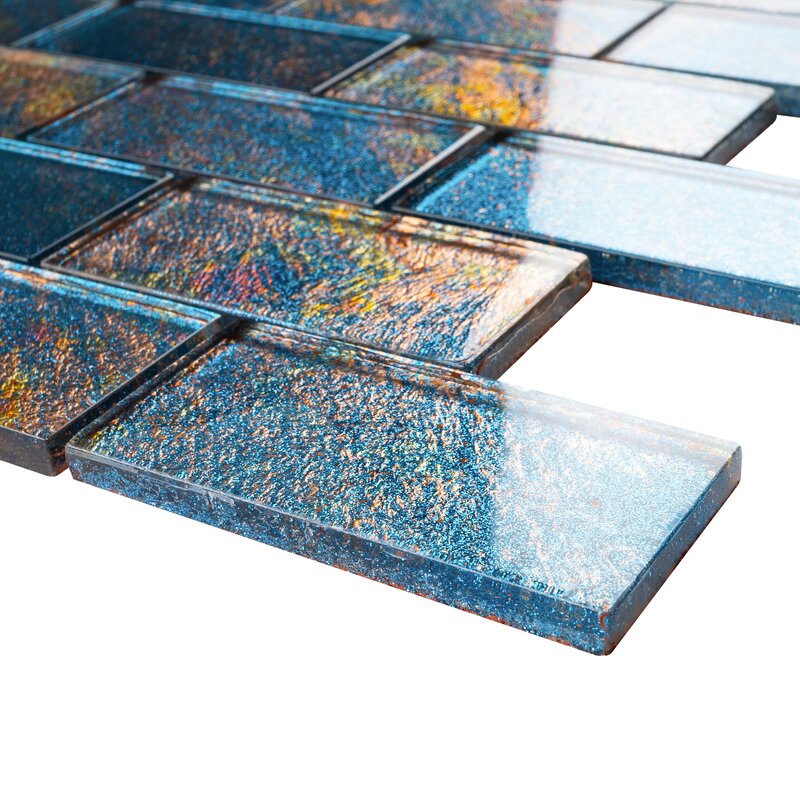 2x4 Glossy Glitter Blue Sky with Redish and Orange Brick Glass Wall Tiles for Bathroom and Kitchen Walls Kitchen Backsplashes