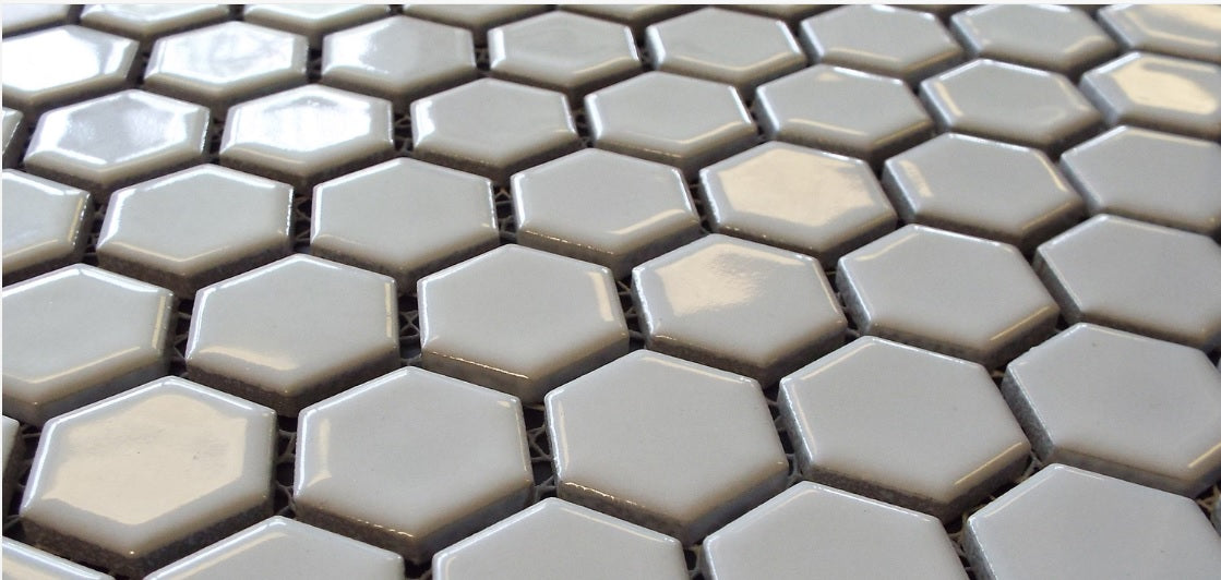 White 1" Hexagon Porcelain Mosaic Floor and Wall Tile on mesh Sheet for Kitchen Backsplash, Bathroom, Accent Wall
