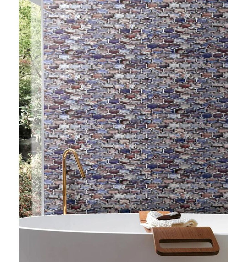 Irregular Hexagon Iridescent Glass Mosaic Wall Tile for Kitchen Backsplash, Bathroom, Accent Wall (Box of 10 Sheets)