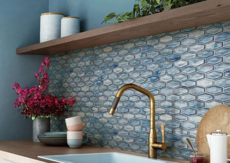 Irregular Hexagon Iridescent Glass Mosaic Wall Tile for Kitchen Backsplash, Bathroom, Accent Wall (Box of 10 Sheets)