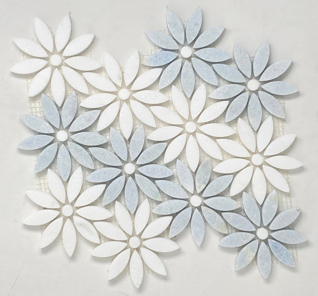 Daisy Flower Pattern Light Celeste Blue Greyish with White Thassos Marble Waterjet Cut Mosaic Floor Wall Tile for Kitchen Backsplash, Bathroom Shower Accent decor