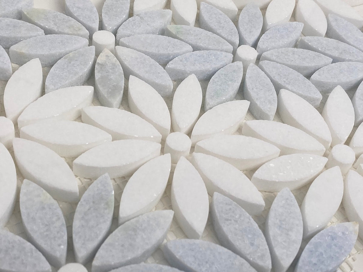 Tenedos Daisy Flower Pattern Light Celeste Blue Greyish with White Thassos Marble Waterjet Cut Mosaic Floor Wall Tile, decor