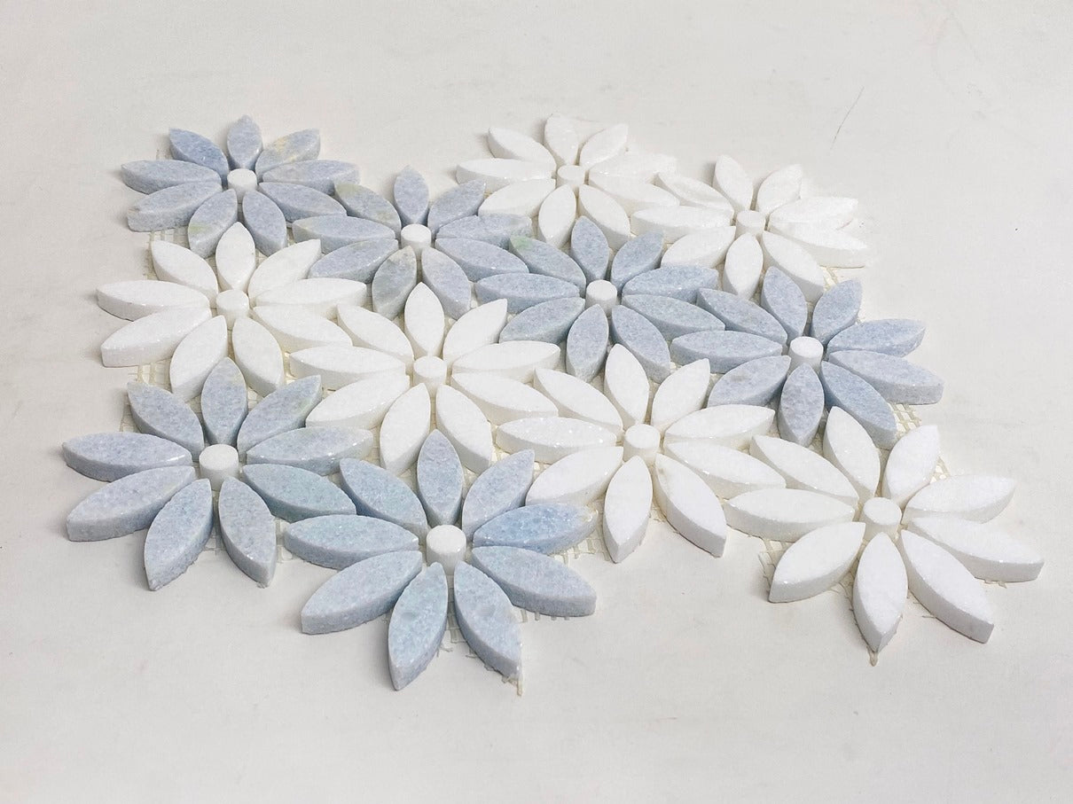 Daisy Flower Pattern Light Celeste Blue Greyish with White Thassos Marble Waterjet Cut Mosaic Floor Wall Tile for Kitchen Backsplash, Bathroom Shower Accent decor
