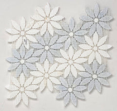 Daisy Flower Pattern Light Celeste Blue Greyish with White Thassos Marble Waterjet Cut Mosaic Floor Wall Tile for Kitchen Backsplash, Bathroom Shower Accent decor