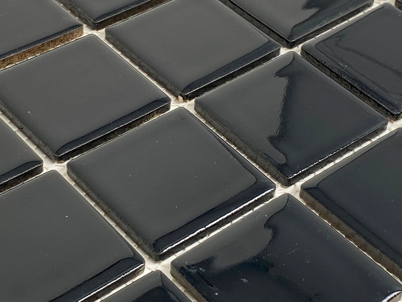 Tenedos Premium Quality 2" (Exact Size 1-15/16 in.) Black Porcelain Square Mosaic Tile Shiny Look Designed in Italy (12x12) for Kitchen Backsplash, Pool Tile, Bathroom Wall, Accent Wall