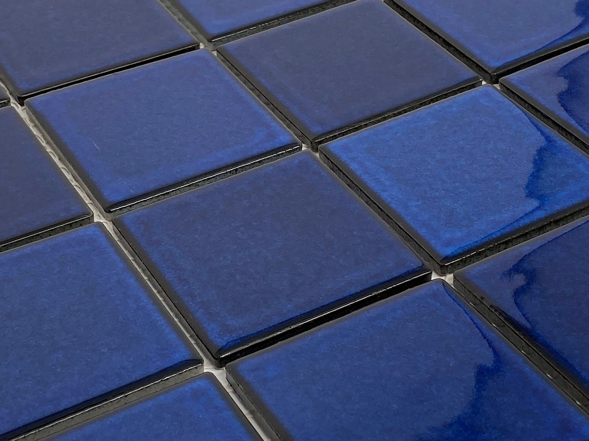 Tenedos 3x3 Cobalt Blue Square Pattern Porcelain Mosaic Floor Wall Pool Tile On Mesh Mounted For Kitchen Backsplash, Bathroom Shower, Accent Decor