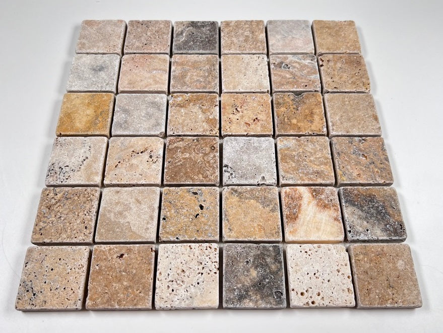 Tenedos Scabos Square 2x2 Tumbled Travertine Mosaic Floor and Wall Tile for Kitchen Backsplash, Swimming Pool Tile, Bathroom Shower, Accent decor, Fireplace Surrounds