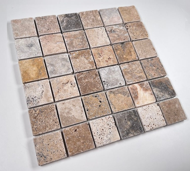 Tenedos Scabos Square 2x2 Tumbled Travertine Mosaic Floor and Wall Tile for Kitchen Backsplash, Swimming Pool Tile, Bathroom Shower, Accent decor, Fireplace Surrounds