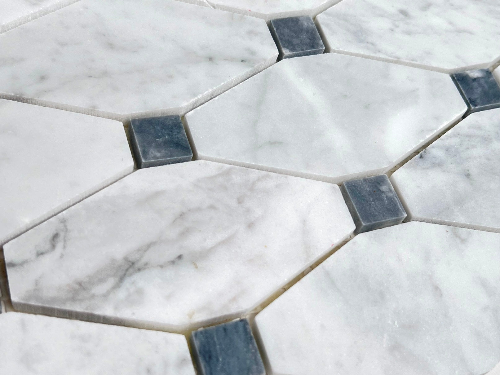Carrara Marble Long Octagon Rhomboid Chipped Diamond Mosaic Tile with Bluish and Gray Marble Dots for Kitchen Backsplash Bathroom Wall and Floor Tile for Kitchen Backsplash, Bathroom, Accent Walls