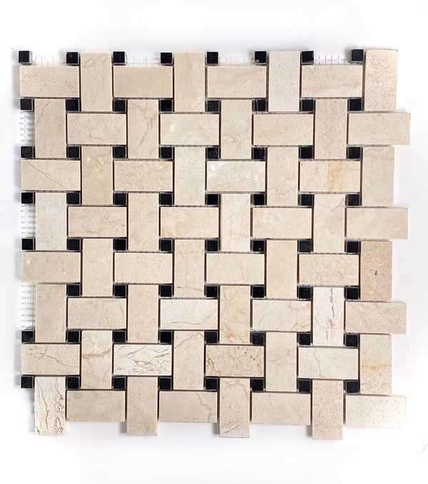 Crema Marfil Basketweave Marble with Black Dots Polished Mosaic Tile for Bathroom and Kitchen Walls Kitchen Backsplashes