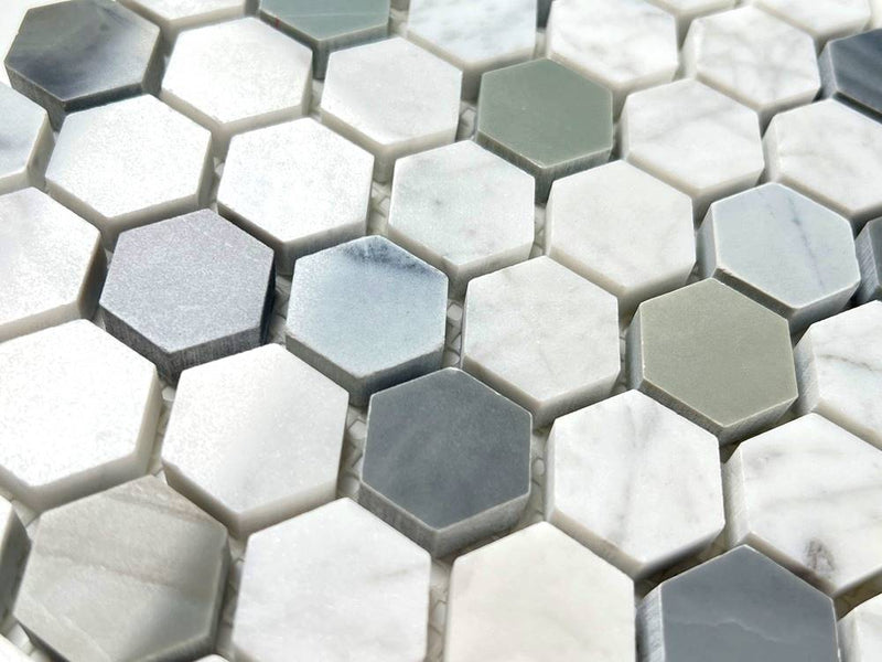 Modern Blue Grey and Carrara Hexagon 1 Inch Marble Polished Tile for Floor and Wall, Bathroom, Backsplash, Accent Wall