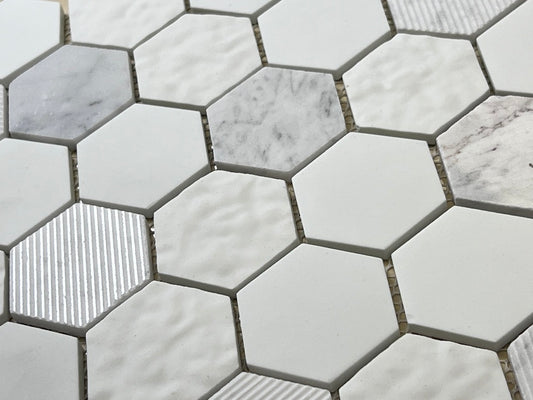 Wimbledon Multi Surface 2 in. Hexagon White and Carrara Marble with Recycled Glass Mosaic Floor and Wall Tile for Backsplash Kitchen, Bathroom, Accent Wall
