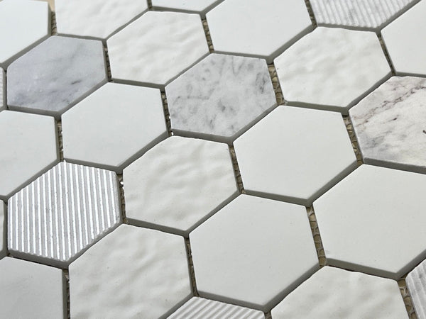 Wimbledon Multi Surface 2 in. Hexagon White and Carrara Marble with Recycled Glass Mosaic Floor and Wall Tile for Backsplash Kitchen, Bathroom, Accent Wall
