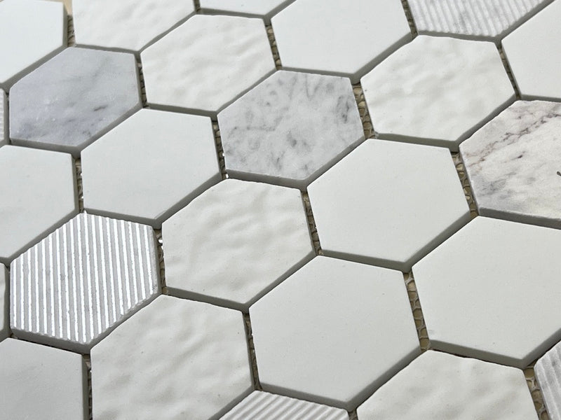 Wimbledon Multi Surface 2 in. Hexagon White and Carrara Marble with Recycled Glass Mosaic Floor and Wall Tile for Backsplash Kitchen, Bathroom, Accent Wall