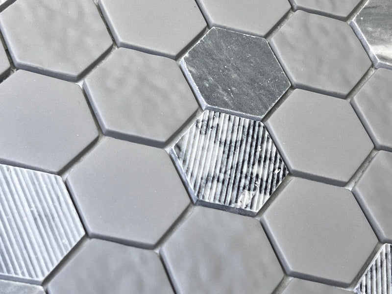 Multi Surface 2 in. Hexagon Bardiglio Gray Marble with Recycled Glass Mosaic Floor and Wall Tile for Backsplash Kitchen, Bathroom, Accent Wall