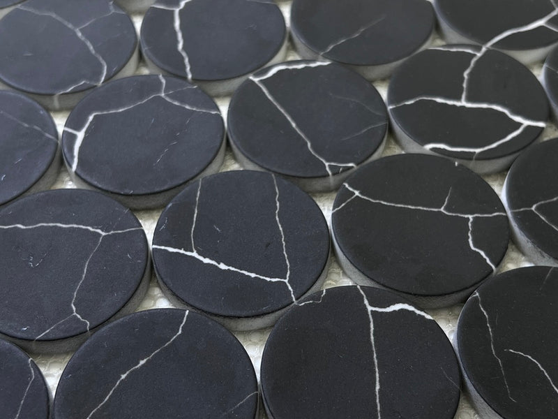 Nero Marquina Bubble Circle Recycled Glass Matte Floor and Wall Mosaic Tile for Backsplash Kitchen, Bathroom, Accent Wall