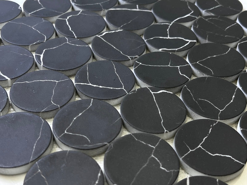 Nero Marquina Bubble Circle Recycled Glass Matte Floor and Wall Mosaic Tile for Backsplash Kitchen, Bathroom, Accent Wall
