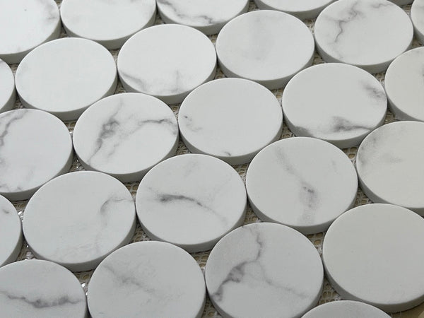 White Carrara Look Bubble Circle Recycled Glass Matte Floor and Wall Mosaic Tile for Backsplash Kitchen, Bathroom, Accent Wall