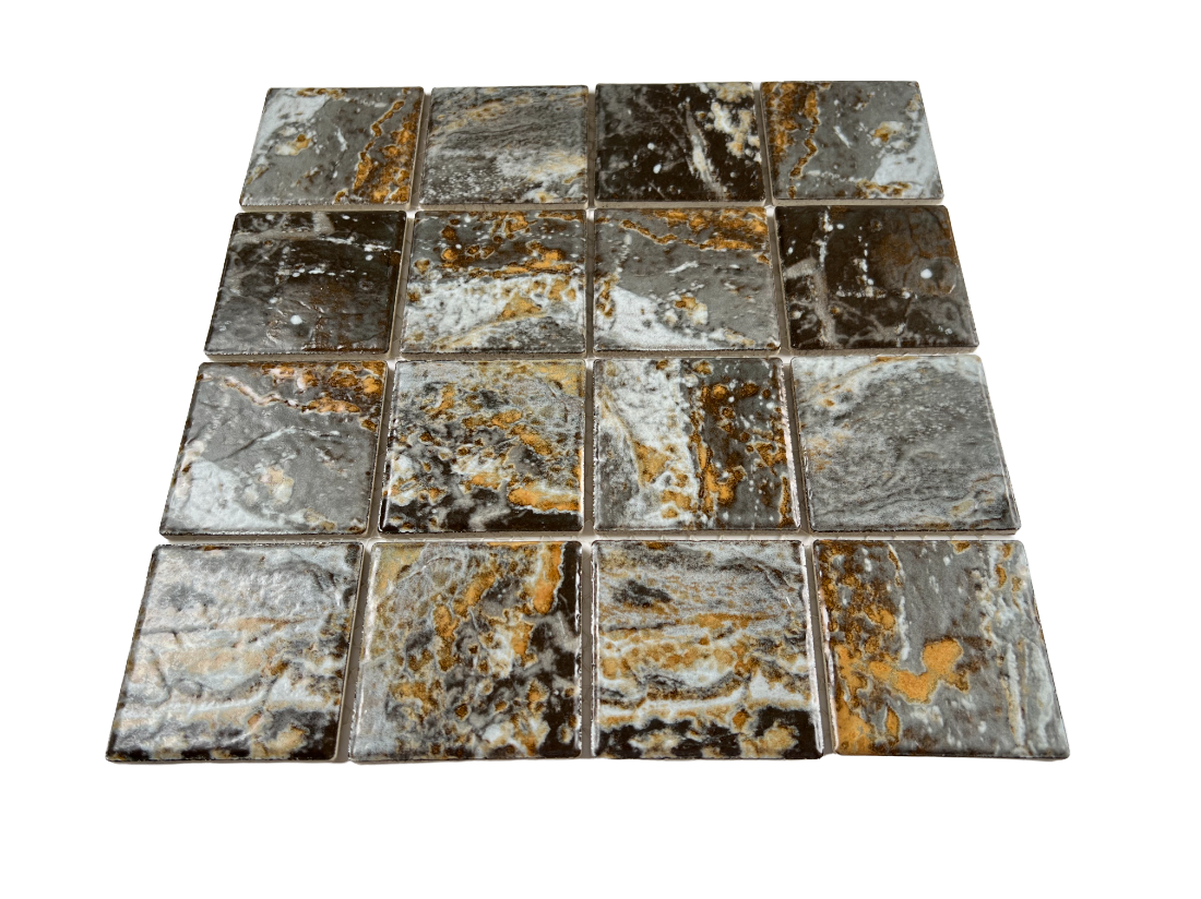 Danubio Grey with Brown and Gold Square Wave Surface Porcelain Floor and Wall Tile for Kitchen Backsplash, Swimming Pool Tile, Bathroom Wall, Accent Wall