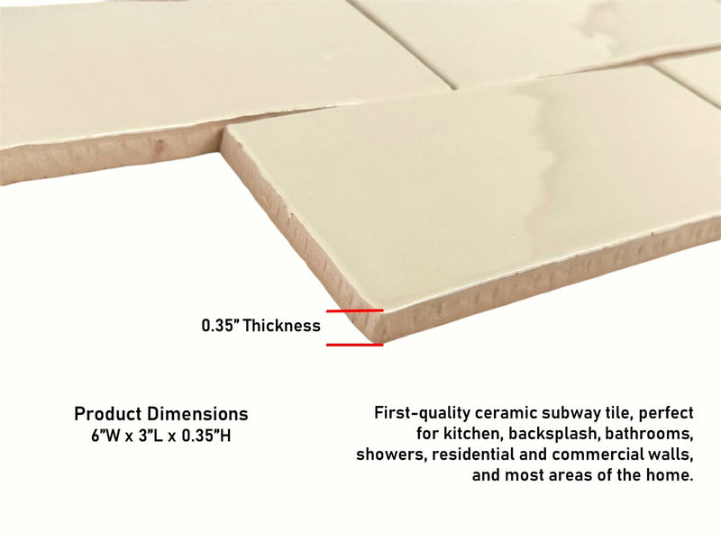 3x6 Handmade Look Ceramic Subway Wall Tile for Bathroom Walls, Kitchen Backsplashes, Accent Wall, Fireplace
