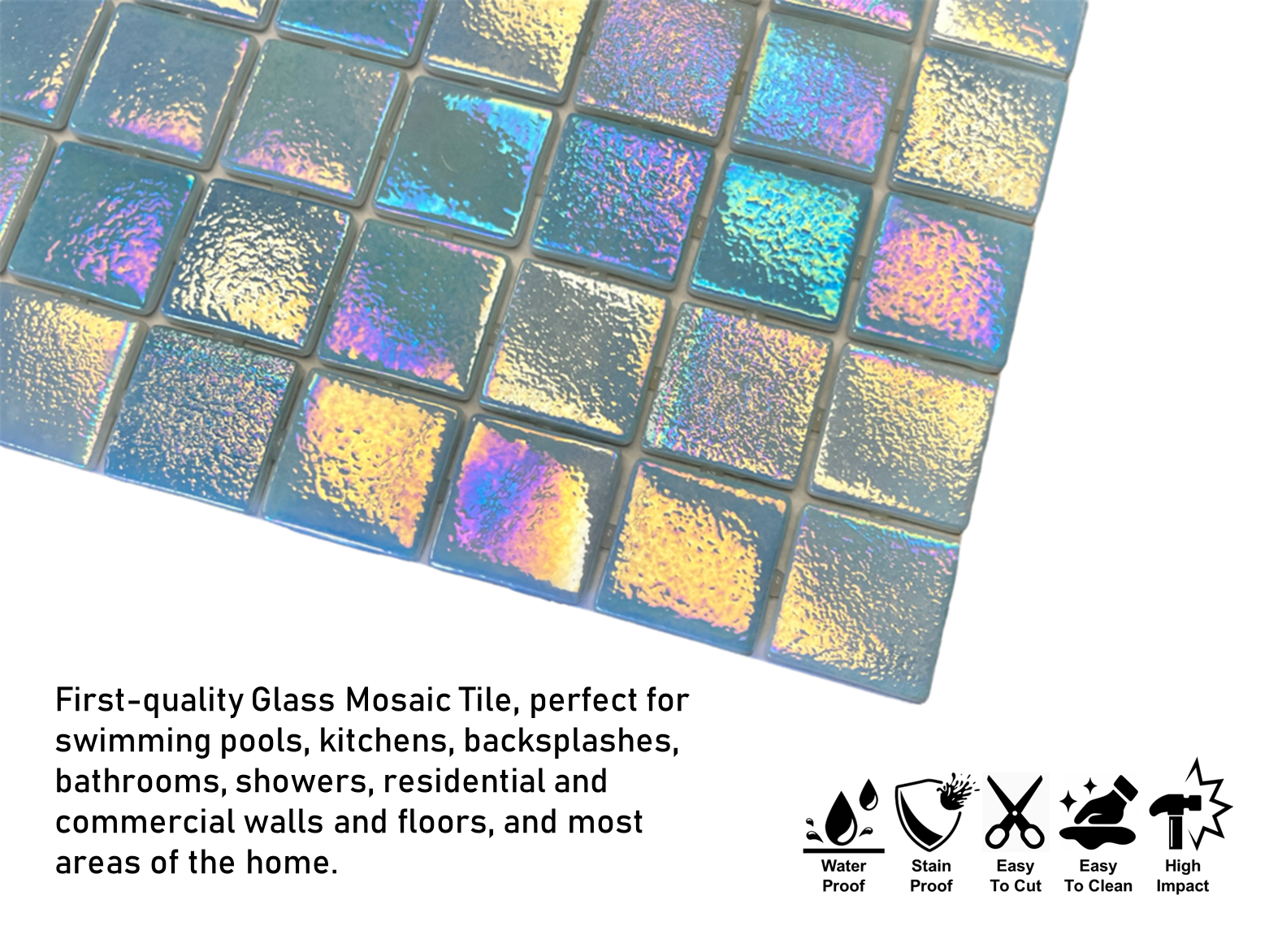 Light Blue  Square 1-1/2 Recycled Glass Wall and Floor Tile for Kitchen Backsplash, Pool Tile, Bathroom Wall, Accent Wall