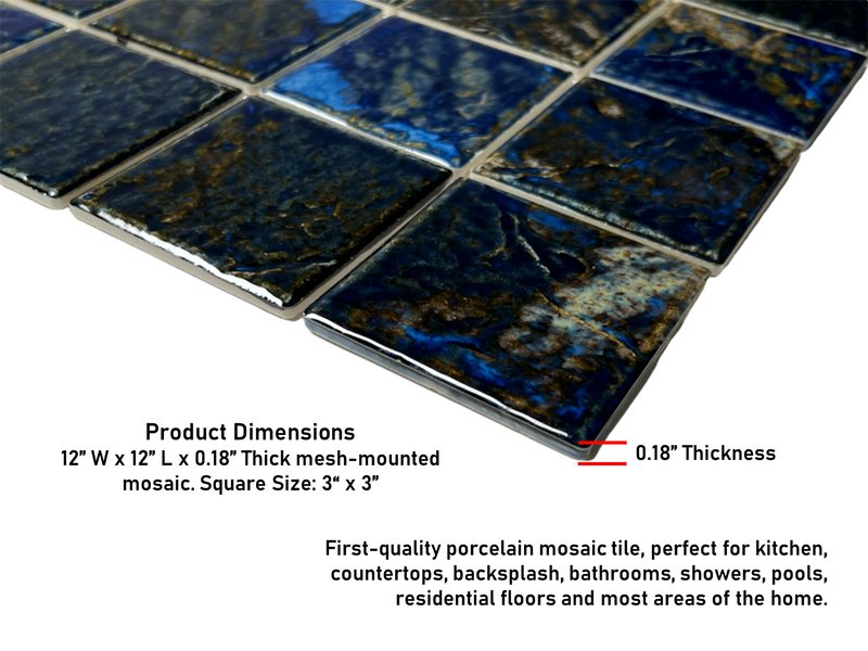 Storm Blue 3x3 Square Wavy Porcelain Mosaic Wall Floor Tile for Kitchen Backsplash, Pool Tile, Bathroom Wall, Accent Wall