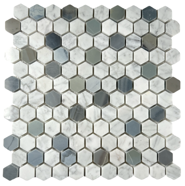 Modern Blue Grey and Carrara Hexagon 1 Inch Marble Polished Tile for Floor and Wall, Bathroom, Backsplash, Accent Wall