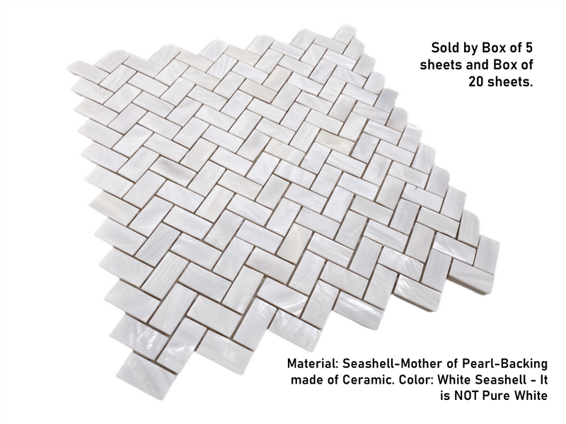 Genuine Natural Mother of Pearl Oyster Herringbone Shell Mosaic Wall Tile with Backing for Kitchen Backsplash, Bathroom Wall, Accent Walls