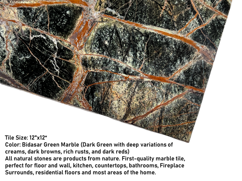 Tenedos Pine Dark Green Marble Floor and Wall Tile 12x12 Polished for Kitchen Countertops, Bathroom Wall, Entrance Floor Tile, Backsplashes, Fireplace Surrounds