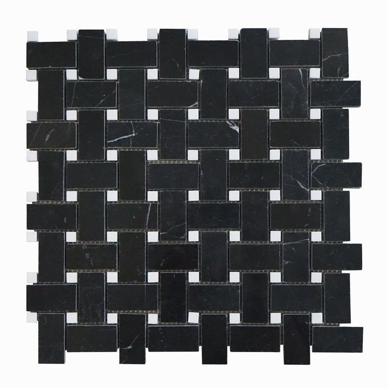 Tenedos Black Marble 1x2 Basketweave Mosaic Tile w/White Marble Dots Polished for Kitchen Backsplash Bathroom Flooring