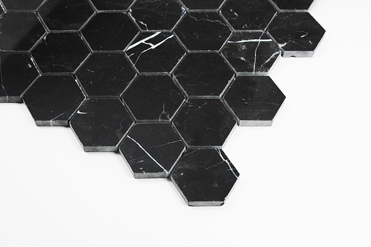 Nero Marquina Black Marble Hexagon Mosaic Floor Wall Tile 2 inch Polished