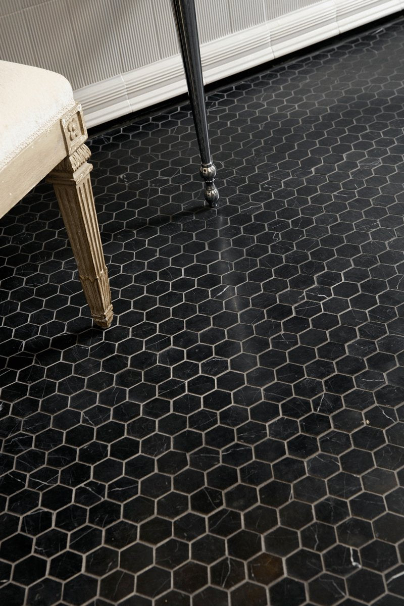 Nero Marquina Black Marble Hexagon Mosaic Floor Wall Tile 2 inch Polished