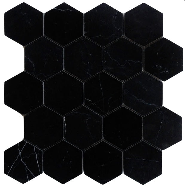 Nero Marquina Black Marble Hexagon Mosaic Floor Wall Tile 3 inch Polished