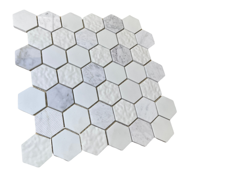 Wimbledon Multi Surface 2 in. Hexagon White and Carrara Marble with Recycled Glass Mosaic Floor and Wall Tile for Backsplash Kitchen, Bathroom, Accent Wall
