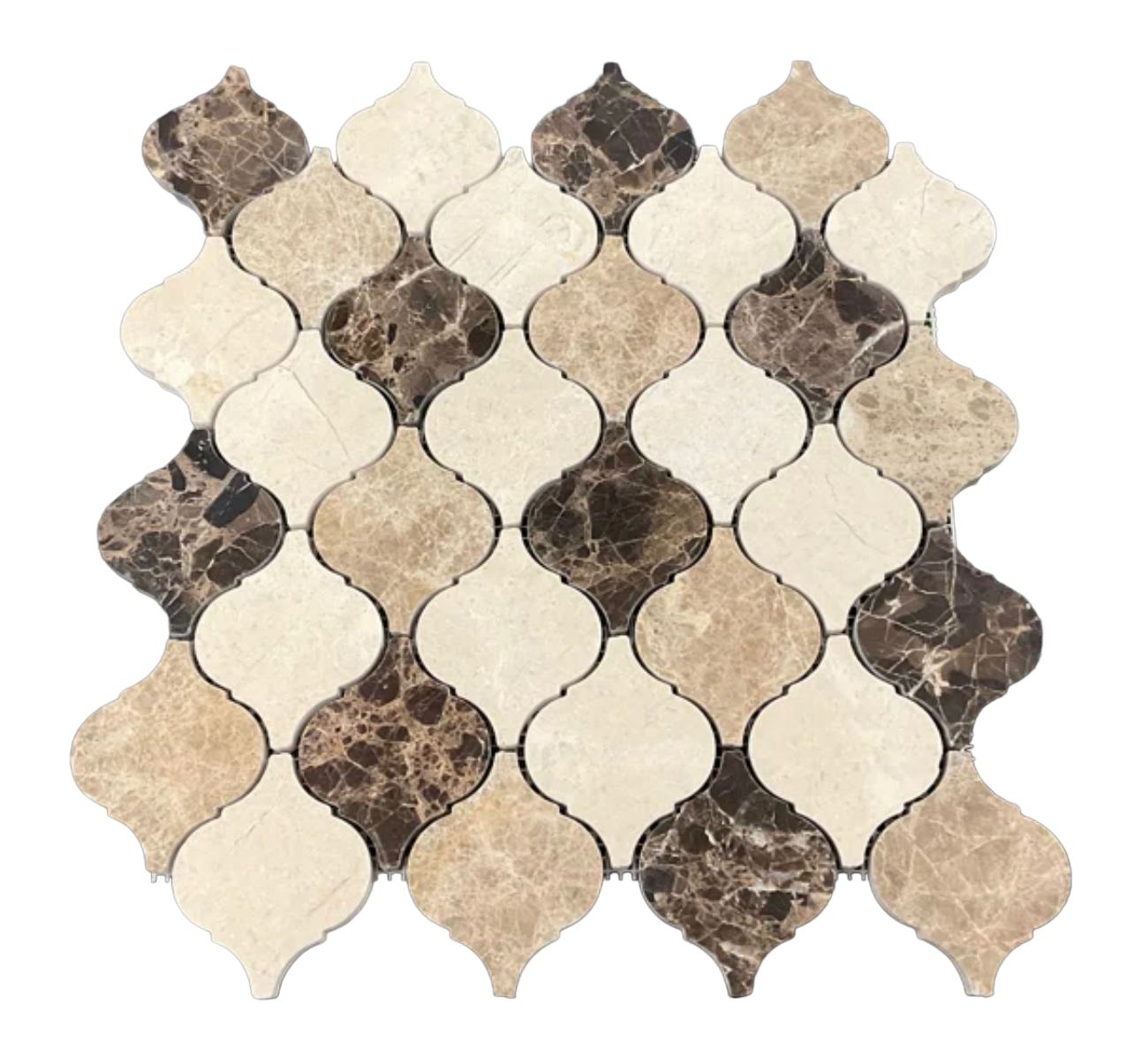 Mix Light and Dark Emperador and Crema Marfil 3 in. Arabesque Lantern Polished Marble Mosaic Floor and Wall Tile for Kitchen Backsplash, Fireplace Surround, Bathroom Wall
