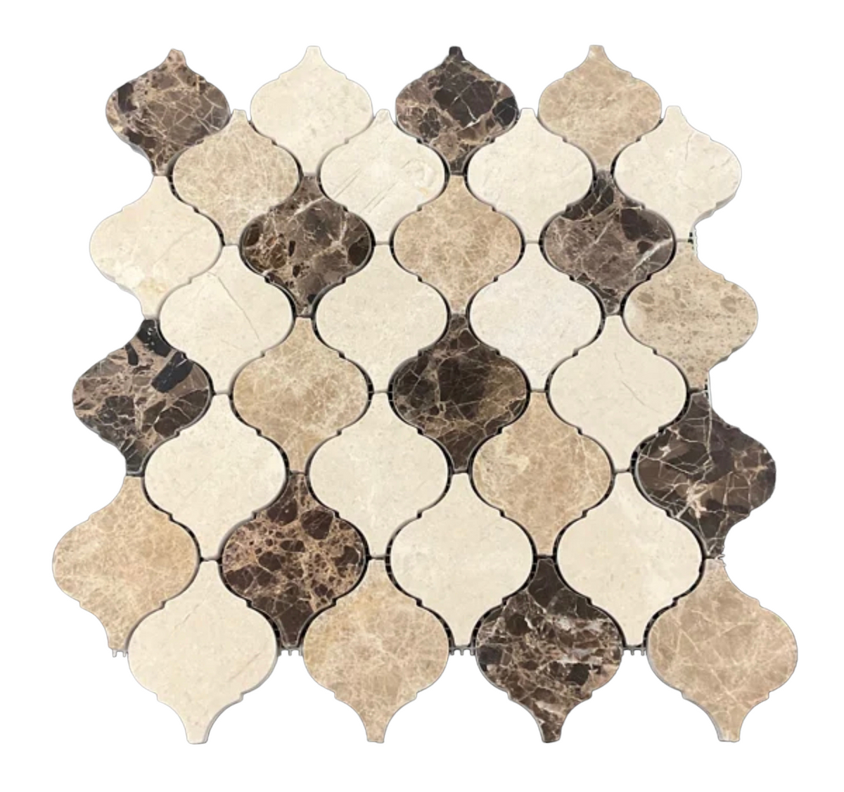 Tenedos Mix Light and Dark Emperador and Crema Marfil 3 in. Arabesque Lantern Polished Marble Mosaic Floor and Wall Tile