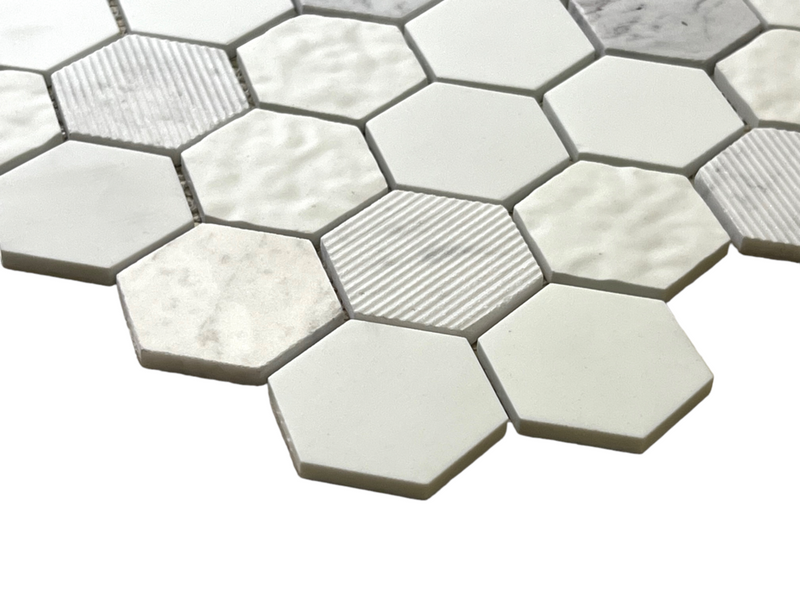 Wimbledon Multi Surface 2 in. Hexagon White and Carrara Marble with Recycled Glass Mosaic Floor and Wall Tile for Backsplash Kitchen, Bathroom, Accent Wall