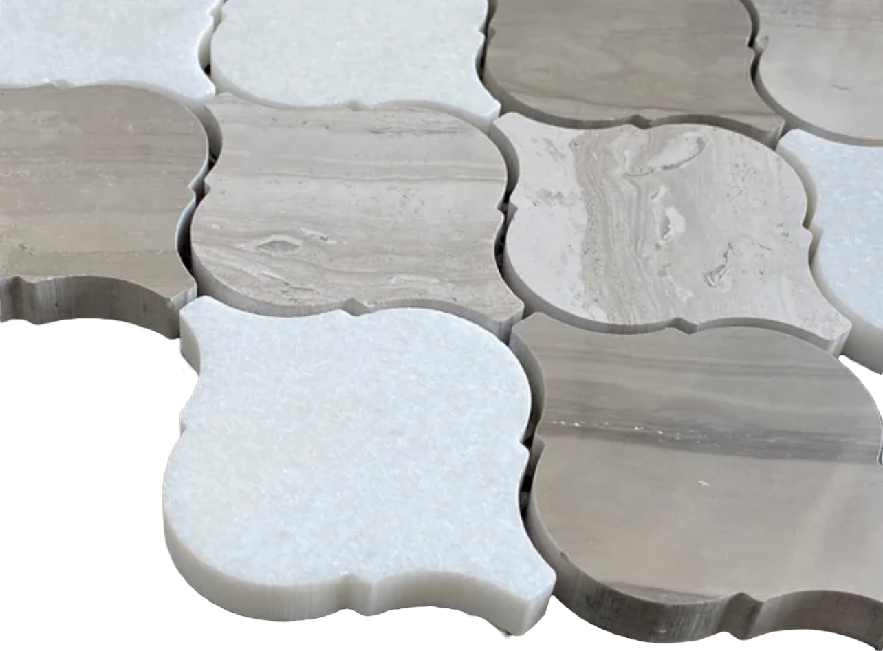 Marbella White Thassos Oak Grey 3 in. Arabesque Lantern Polished Marble Floor Wall Tile for Kitchen Backsplash, Fireplace, Bathroom Wall, Accent Wall