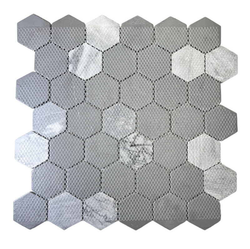 Multi Surface 2 in. Hexagon Bardiglio Gray Marble with Recycled Glass Mosaic Floor and Wall Tile for Backsplash Kitchen, Bathroom, Accent Wall