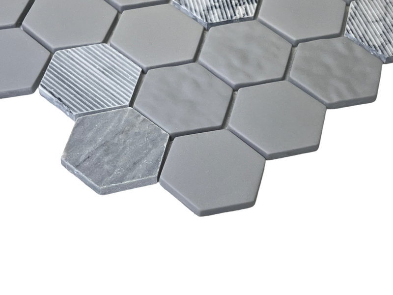 Multi Surface 2 in. Hexagon Bardiglio Gray Marble with Recycled Glass Mosaic Floor and Wall Tile for Backsplash Kitchen, Bathroom, Accent Wall