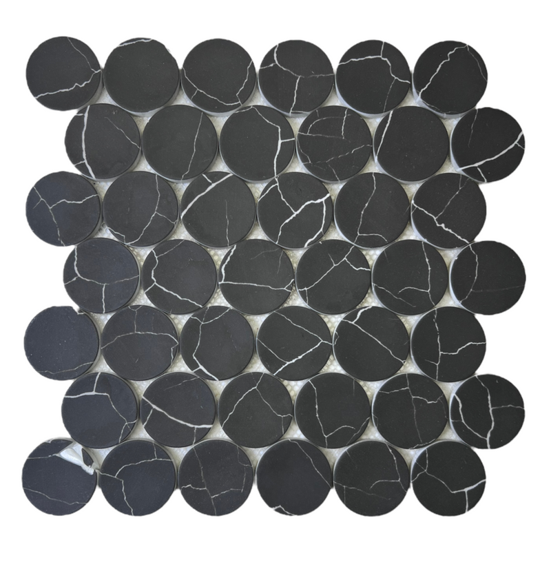 Nero Marquina Bubble Circle Recycled Glass Matte Floor and Wall Mosaic Tile for Backsplash Kitchen, Bathroom, Accent Wall
