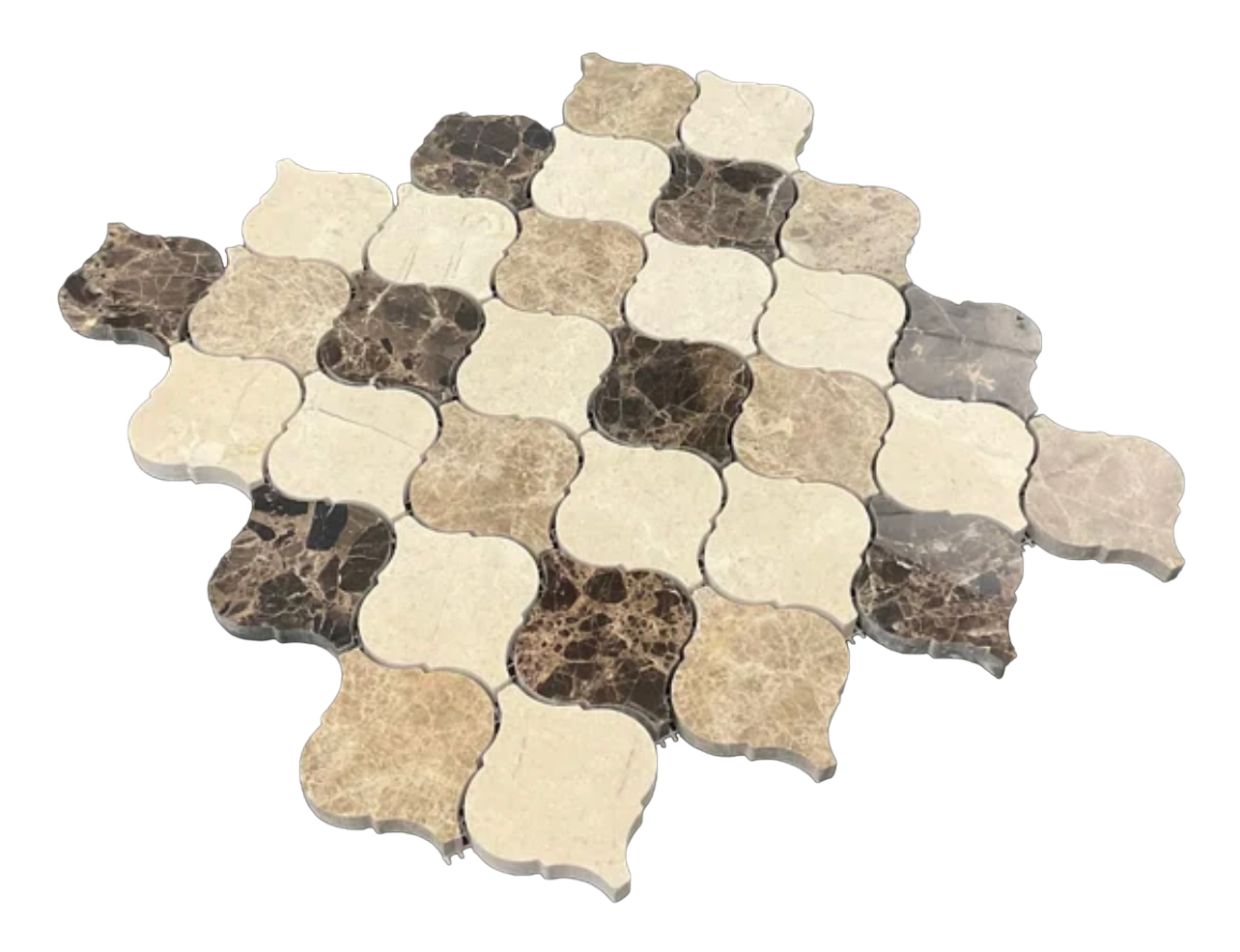 Mix Light and Dark Emperador and Crema Marfil 3 in. Arabesque Lantern Polished Marble Mosaic Floor and Wall Tile for Kitchen Backsplash, Fireplace Surround, Bathroom Wall