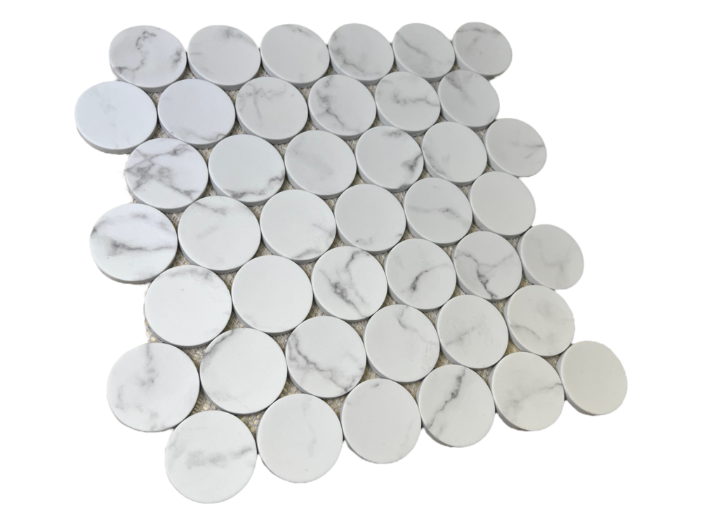 White Carrara Look Bubble Circle Recycled Glass Matte Floor and Wall Mosaic Tile for Backsplash Kitchen, Bathroom Shower, Accent Decor