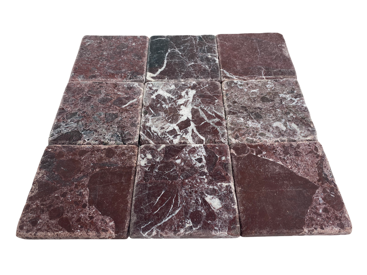 Tenedos Rosso Levanto Burgundy Cherry Wine Color Rosa Marquina Marble 4x4 Inch Antique Tumbled Finish Floor Wall Tile, Handcraft