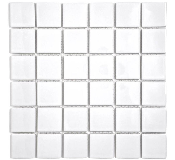 Tenedos Premium Quality 2" (Exact Size 1-15/16 in.) White Porcelain Square Mosaic Tile Shiny Look Designed in Italy (12x12) for Kitchen Backsplash, Pool Tile, Bathroom Wall, Accent Wall
