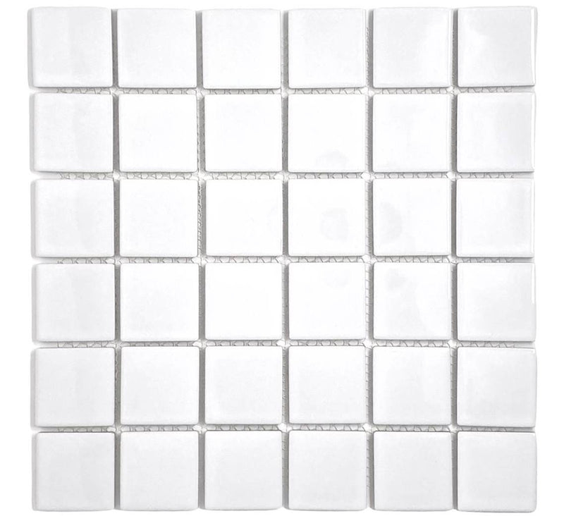 Tenedos Premium Quality 2" (Exact Size 1-15/16 in.) White Porcelain Square Mosaic Tile Shiny Look Designed in Italy (12x12) for Kitchen Backsplash, Pool Tile, Bathroom Wall, Accent Wall